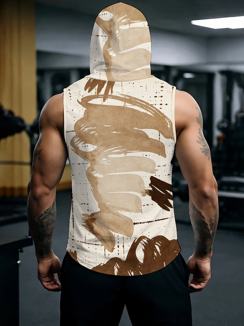 Men'S Hooded Sleeveless Top Black And White Ink Splash Print Sports Fitness Vest Daily Casual Trendy Versatile Breathable Comfortable Slim Fit for Workout Gym Training
