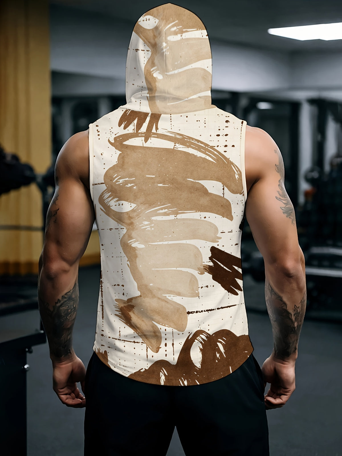 Men'S Hooded Sleeveless Top Black And White Ink Splash Print Sports Fitness Vest Daily Casual Trendy Versatile Breathable Comfortable Slim Fit for Workout Gym Training