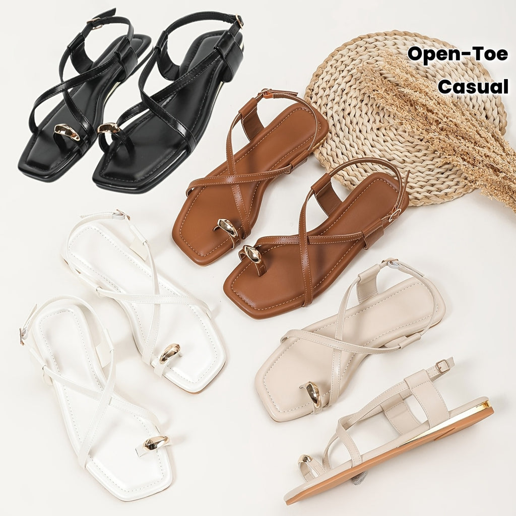Wide Fit Metal Big Toe Ring Flat Sandals Square Toe Open Toe Crisscross Strap Metal Block Heel Flat Summer Black & Brown & Apricot & White Casual Women'S Sandals, Women Shoes