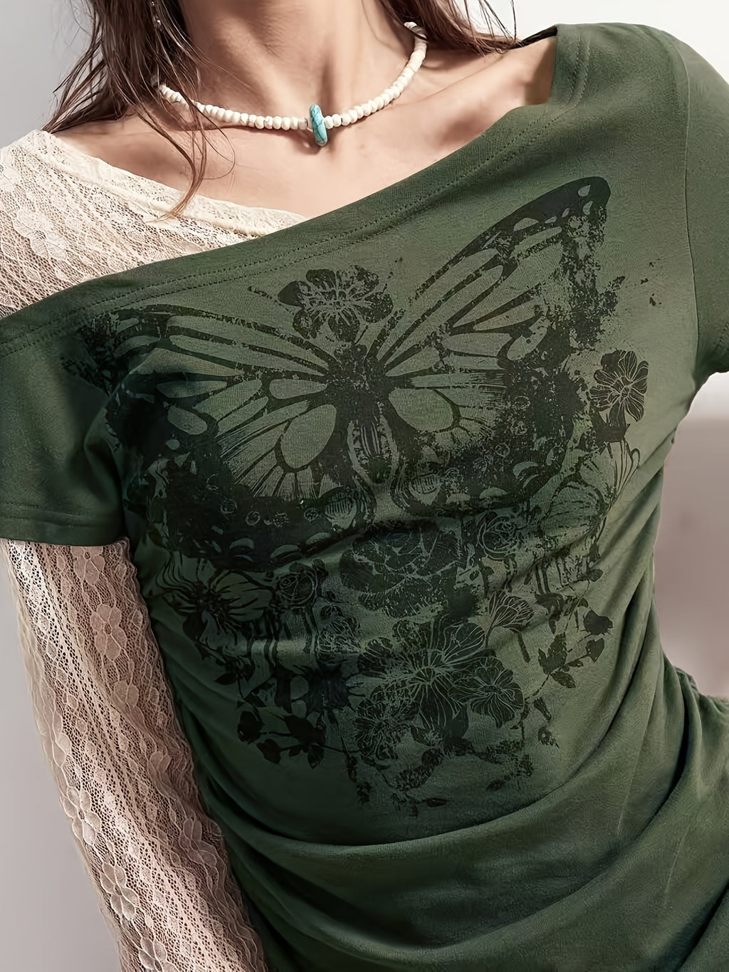Fashionable Casual Stretchy Lace Patchwork Printed Faux Two-Piece Long Sleeve T-Shirt