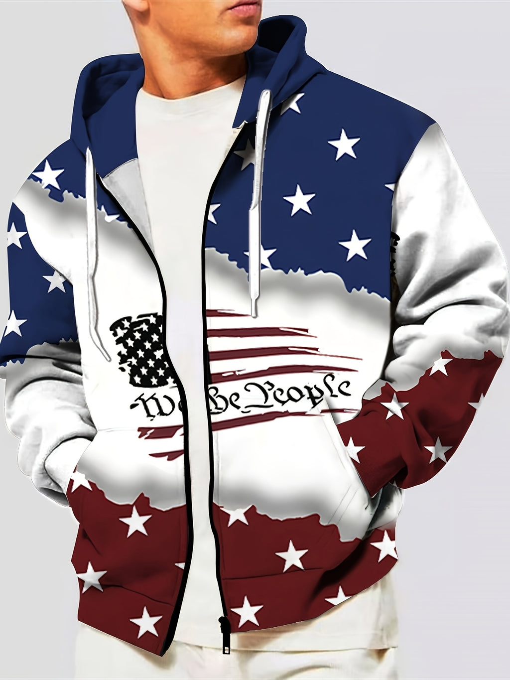Men's 3D American Flag Print Pullover Zip-Up Hoodie with Kangaroo Pocket, Spring/Autumn Streetwear, as a Gift