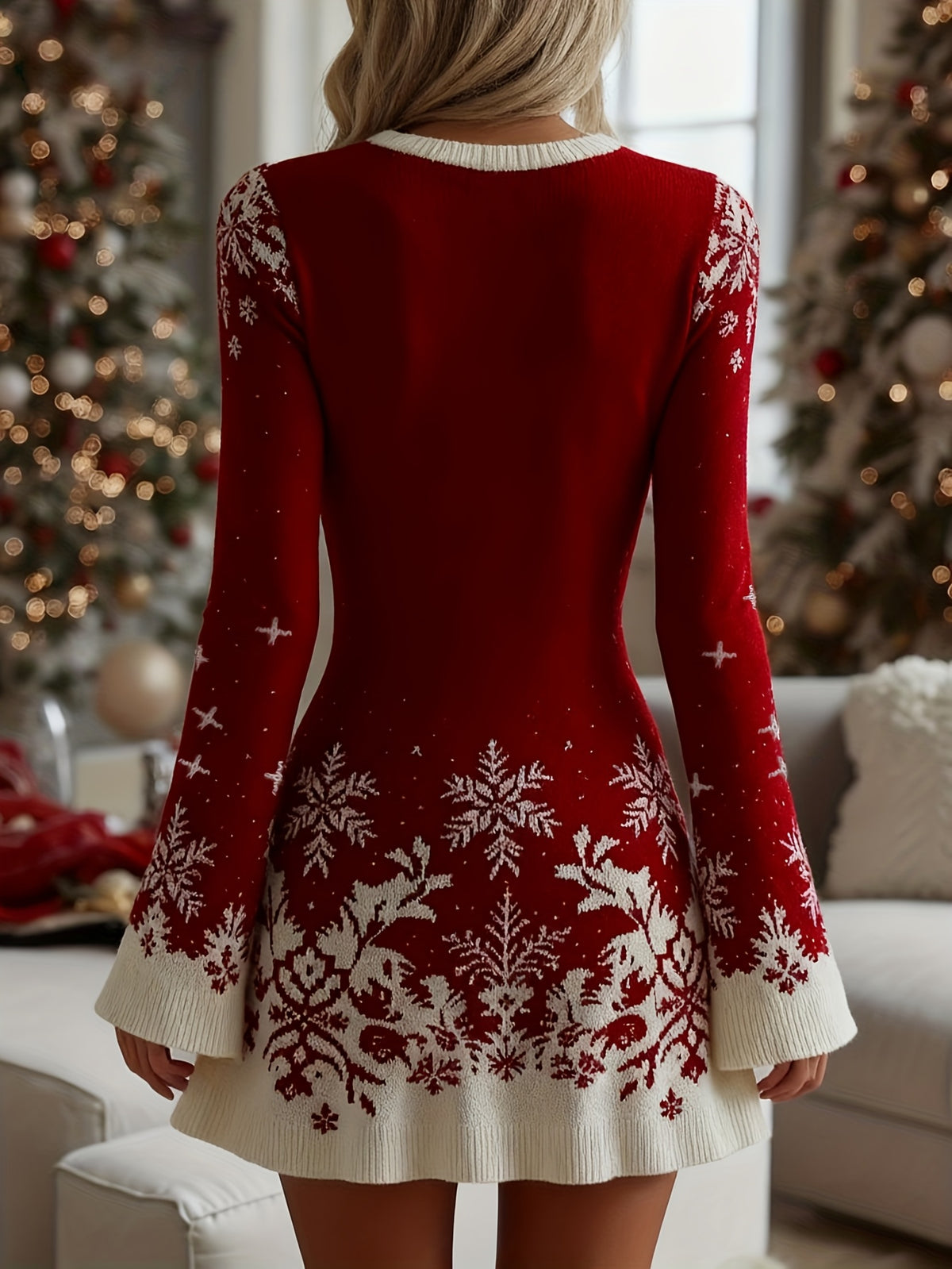 Women's Elegant Sweater Dress - A-Line Bell Skirt with Asymmetrical Hem & Round Neck, Christmas Snowflake Dress Suitable for Holiday Parties, Winter Dresses for Christmas, Halloween, Autumn/Winter Outfits (Hand Washable Non-)