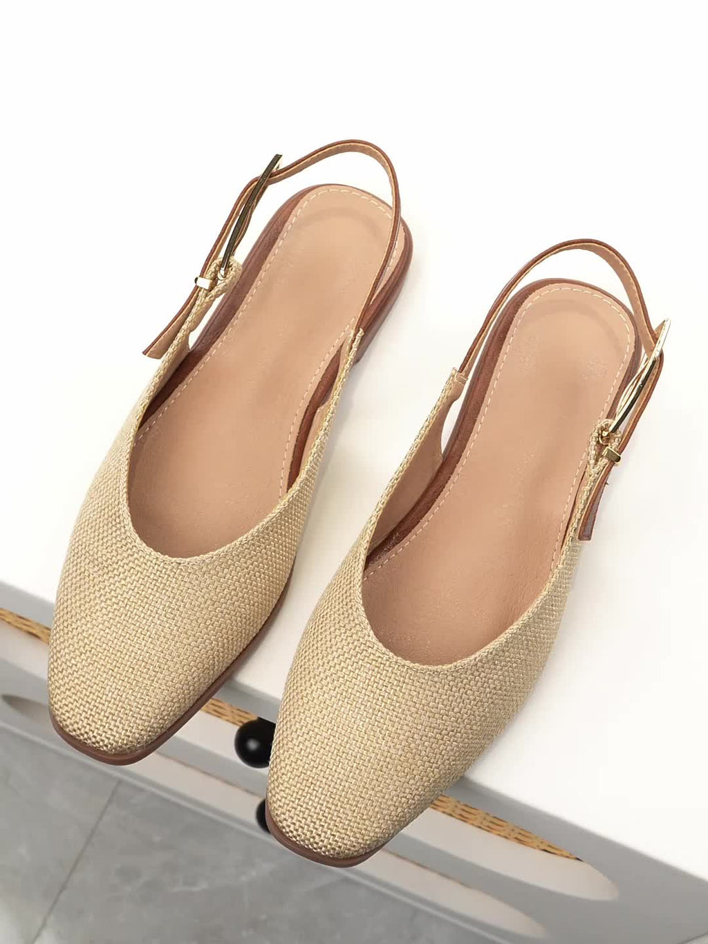 Linen Square Toe Soft Sole, Shallow Mouth Metal Buckle Women'S Flat Sandals, Women Shoes
