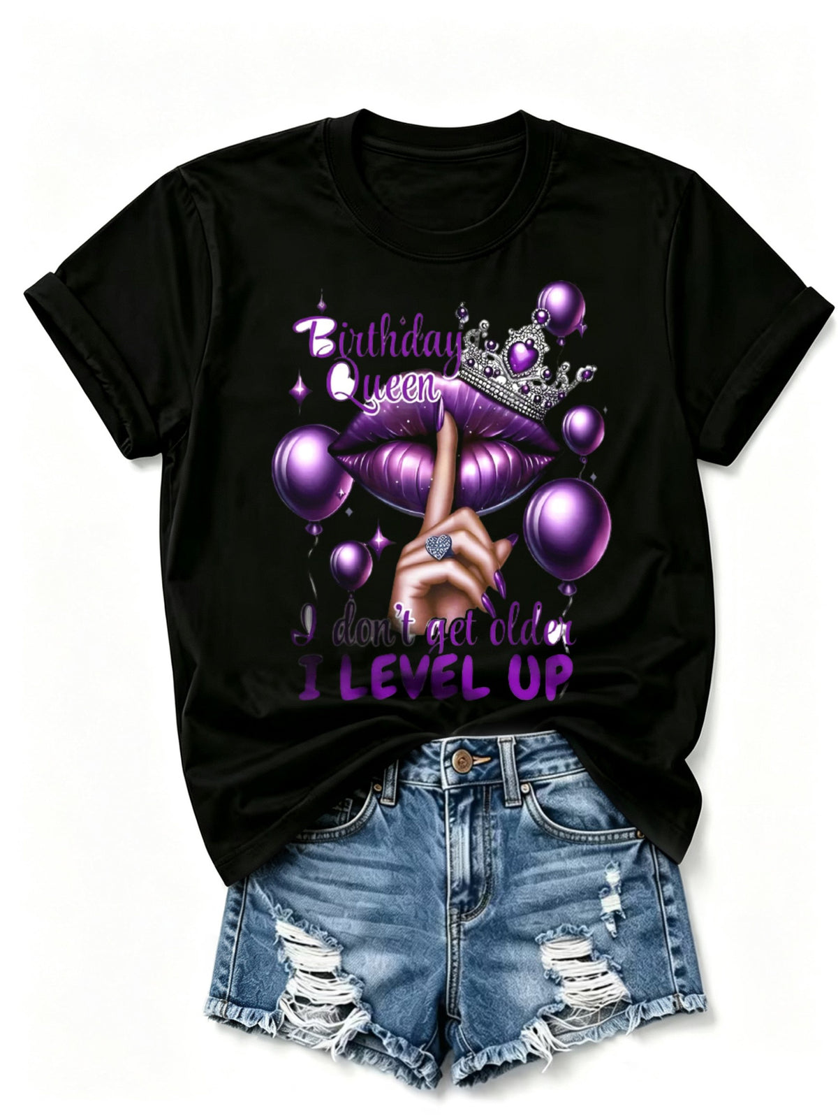 Fun Birthday Queen T Shirt 'I Don'T Age I Upgrade' Slogan with Crown And Lip Print Loose Version Short Sleeve Crew Neck Stretch Medium Fabric Machine Washable Casual Top Perfect for Casual Retro Casual Round Neck Printed T-shirt