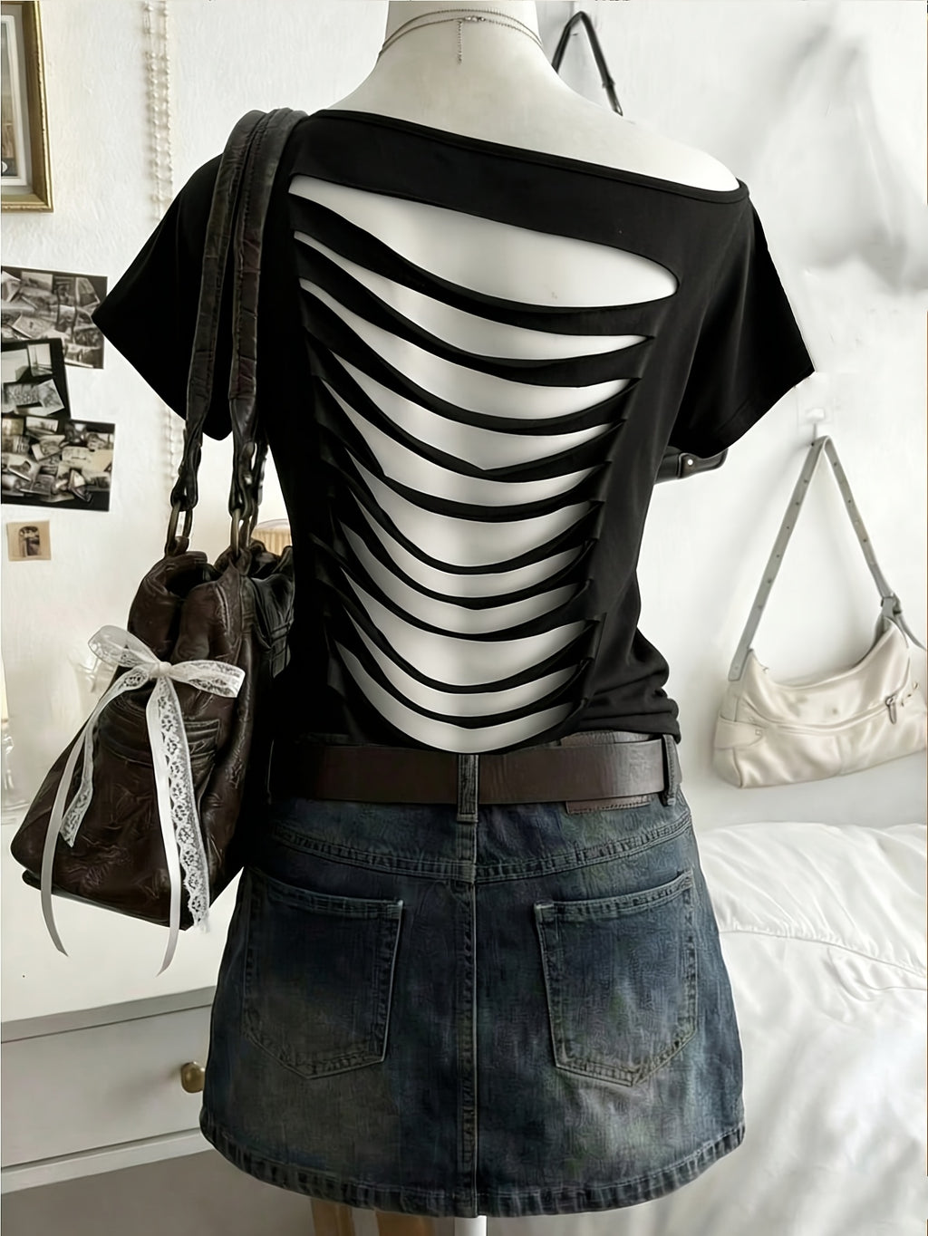 Women's Sexy Solid Color Asymmetrical Neckline Backless Summer T-Shirt, Women's Top