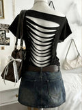 Women's Sexy Solid Color Asymmetrical Neckline Backless Summer T-Shirt, Women's Top
