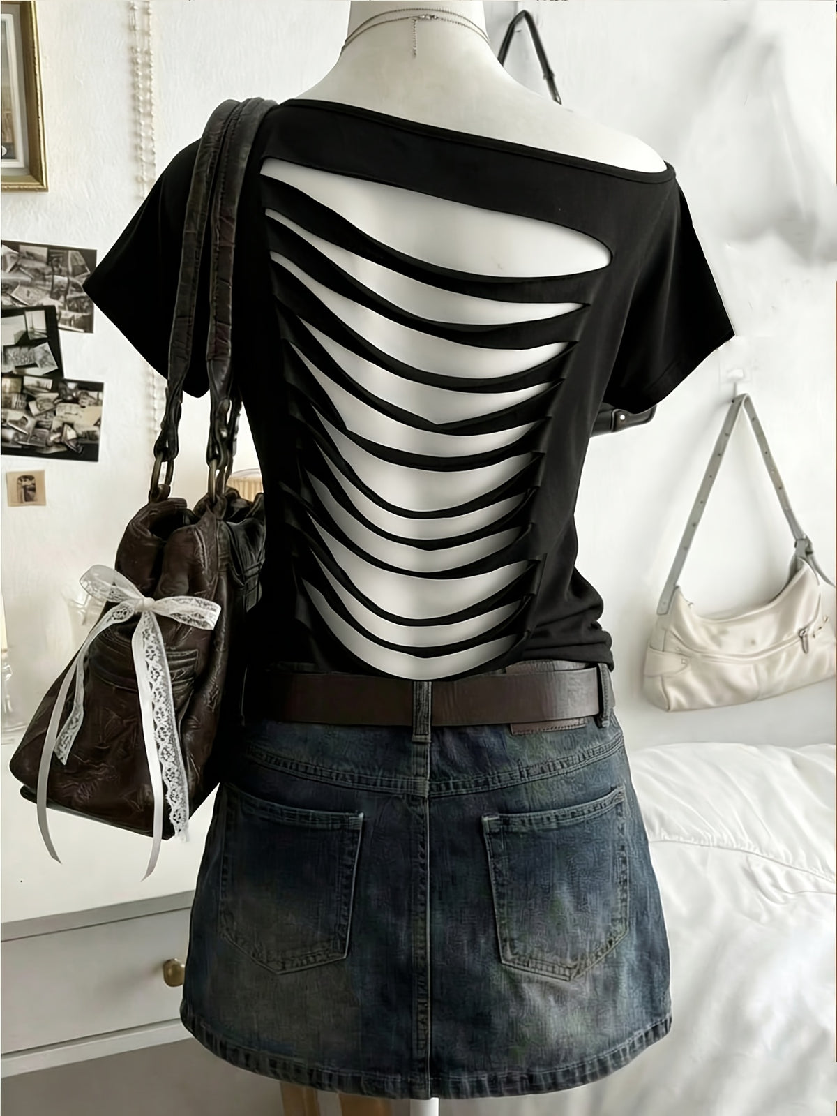 Women's Sexy Solid Color Asymmetrical Neckline Backless Summer T-Shirt, Women's Top