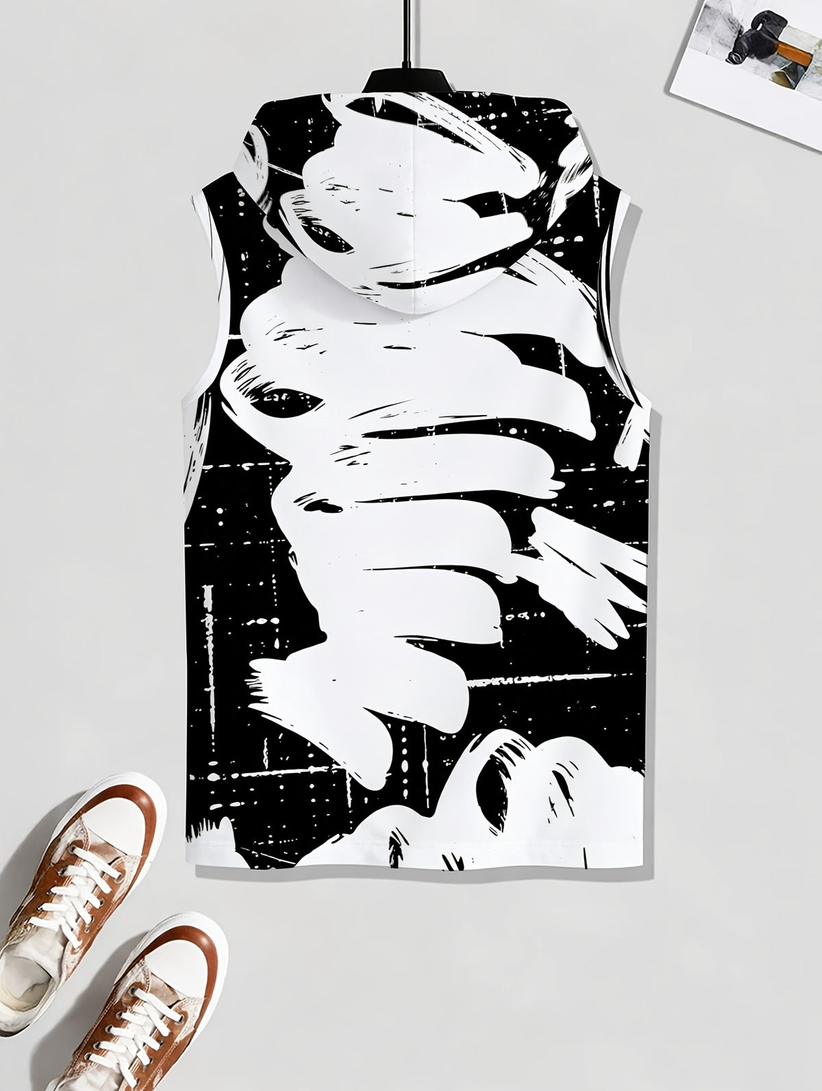 Men'S Hooded Sleeveless Top Black And White Ink Splash Print Sports Fitness Vest Daily Casual Trendy Versatile Breathable Comfortable Slim Fit for Workout Gym Training