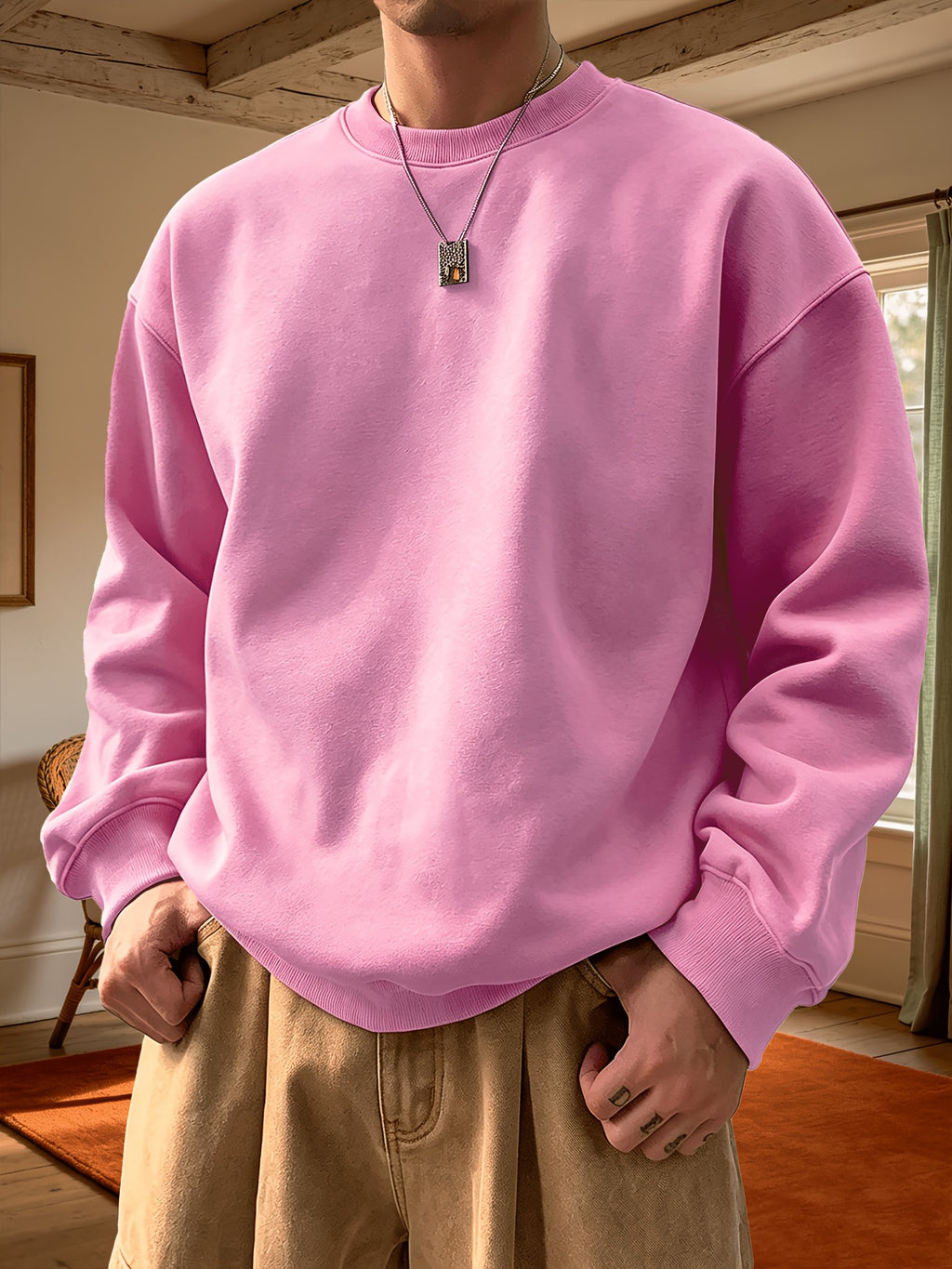 Unisex Pink Blank Crew Neck Sweatshirt Solid Color No Graphic Oversized Pullover DIY Heat Transfer Plain Sweat Top
