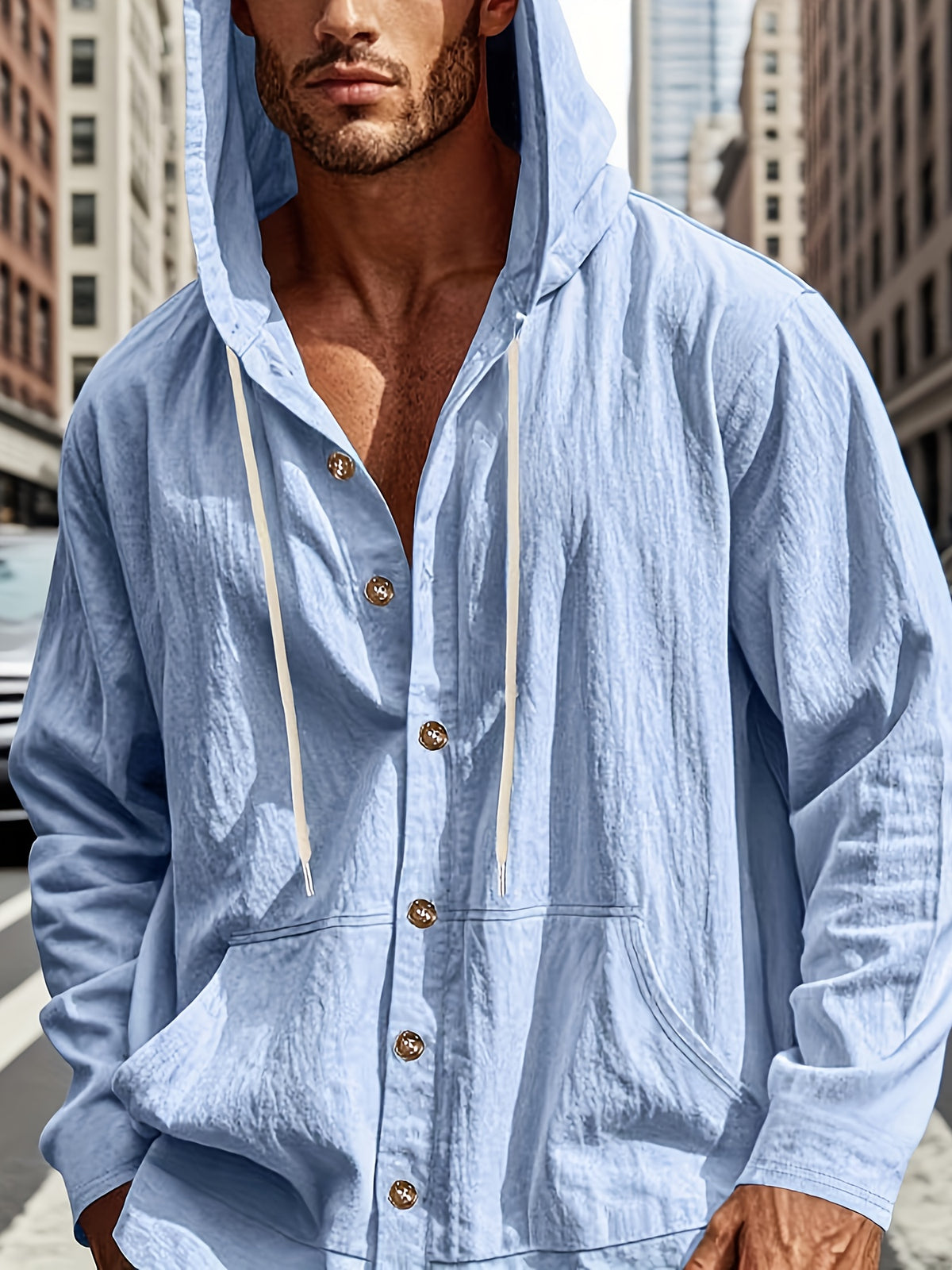 Men's American-style Long-sleeved Shirt with Hood for Spring and Autumn, Loose Linen, Casual and Simple, a Versatile Top for Beach Vacations