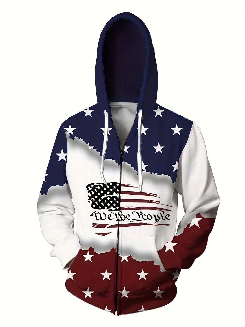 Men's 3D American Flag Print Pullover Zip-Up Hoodie with Kangaroo Pocket, Spring/Autumn Streetwear, as a Gift
