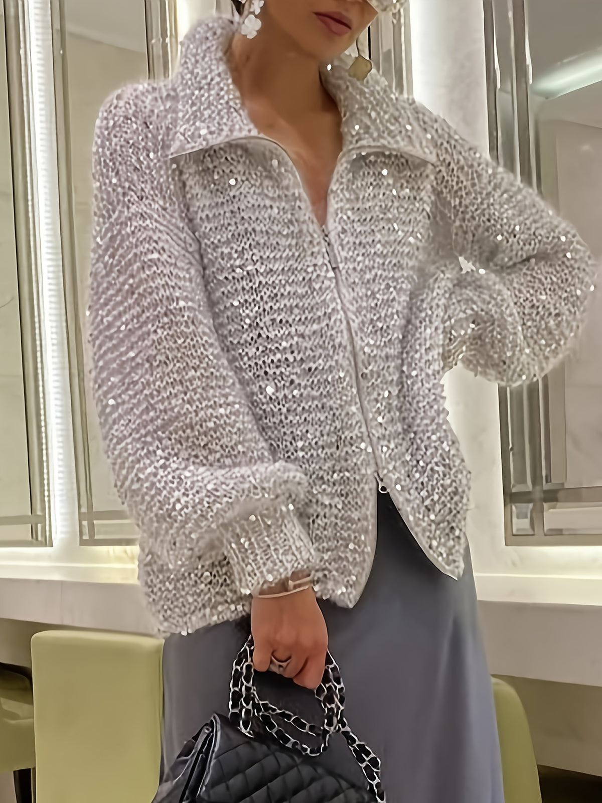Simple and Stylish Sequined Cardigan, Solid Color Zipper Lapel Autumn/Winter Outerwear, Niannian