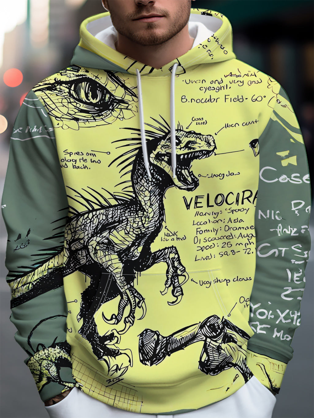 A Stylish Hooded Sweatshirt, a Casual Sports Hoodie Featuring a Hand-Drawn Yellow Illustration of a Thief Dinosaur with a Front Pocket - Made from Stretchy Blended Fabric, Suitable for Spring And Autumn, Ideal for Casual Sportswear