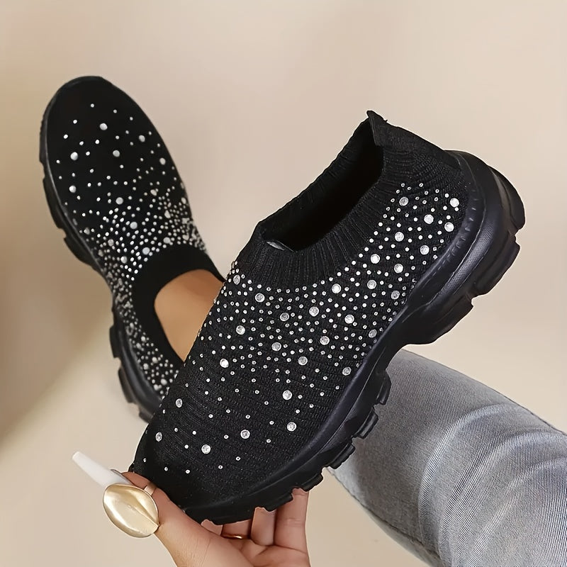 [Stretch Socks Sneakers] Women's Stretch Socks Shoes with Rhinestone Embellishments, Low-Top Knit Sneakers, Breathable Walking Sneakers with EVA Soft Soles, Women Shoes Elegant Women Shoes Classy Lady Shoes