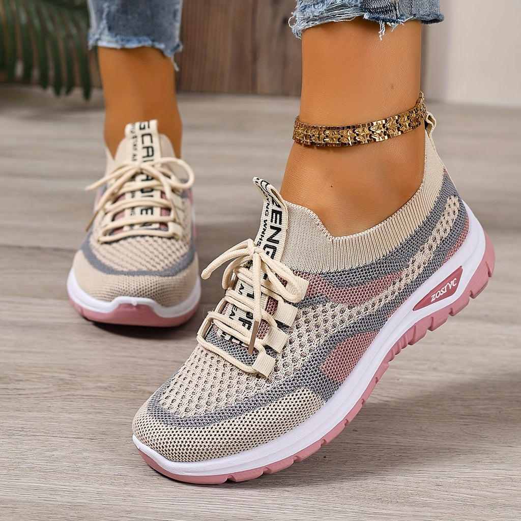 Women'S Lightweight Breathable White Sneakers - Comfortable Low-Top Lace-Up Casual Walking Shoes with Color-Block Design, Suitable for Outdoor Travel And All-Day Wear, All-Season Footwear | Fashion Contrast Design | Soft Rubber Sole, Women Shoes
