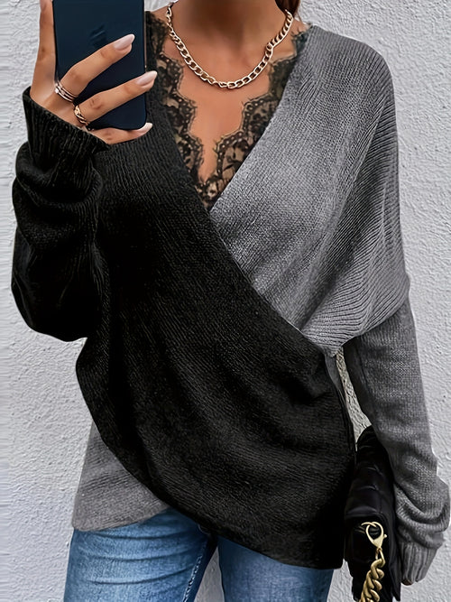 Fashion Lace Patchwork V-Neck Sweater