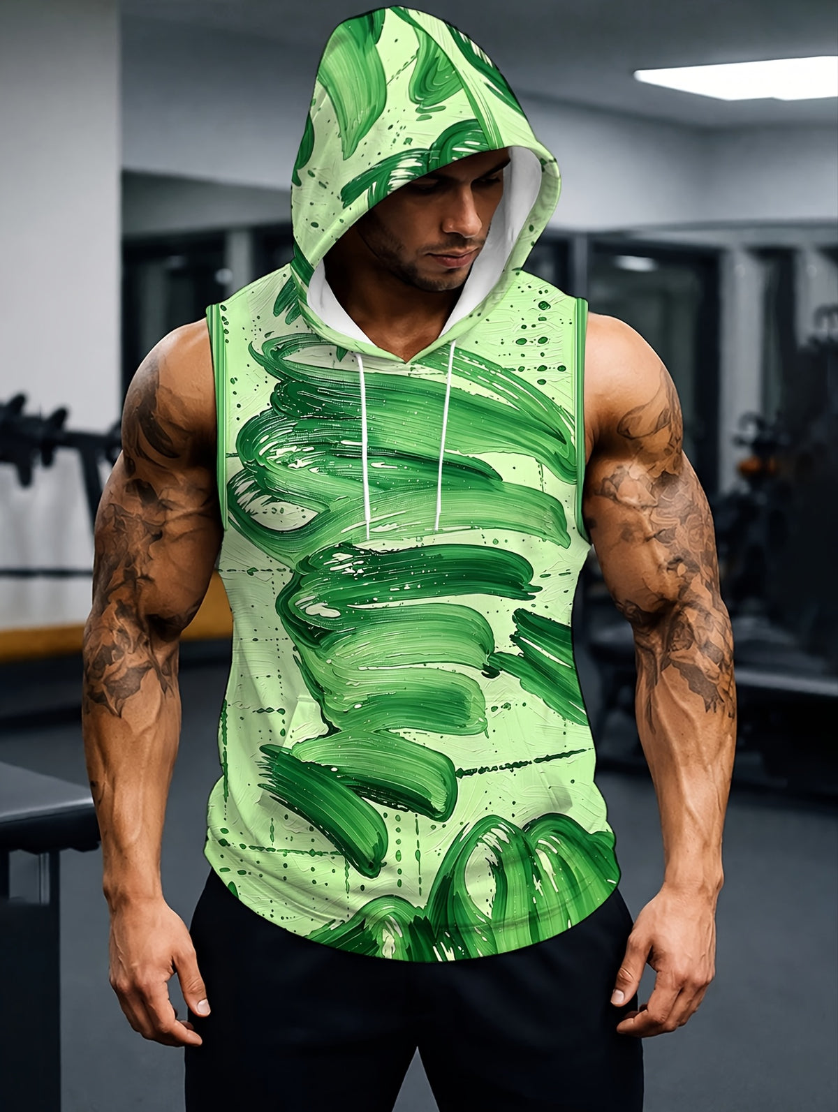 Men'S Hooded Sleeveless Top Black And White Ink Splash Print Sports Fitness Vest Daily Casual Trendy Versatile Breathable Comfortable Slim Fit for Workout Gym Training