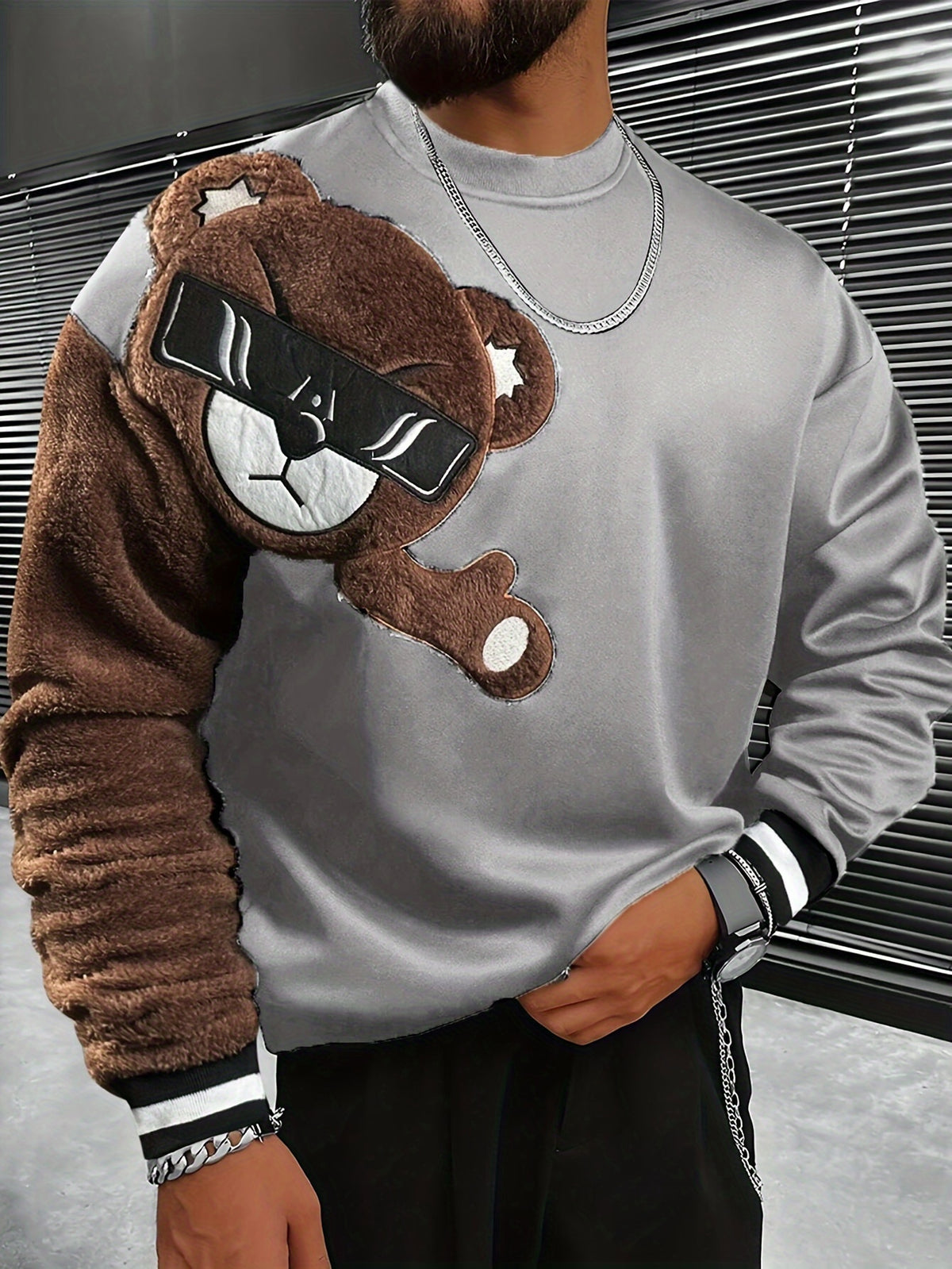 Men'S Fashion Cartoon Bear Long Sleeve Pullover Creative Plush Spliced Casual Sweatshirt