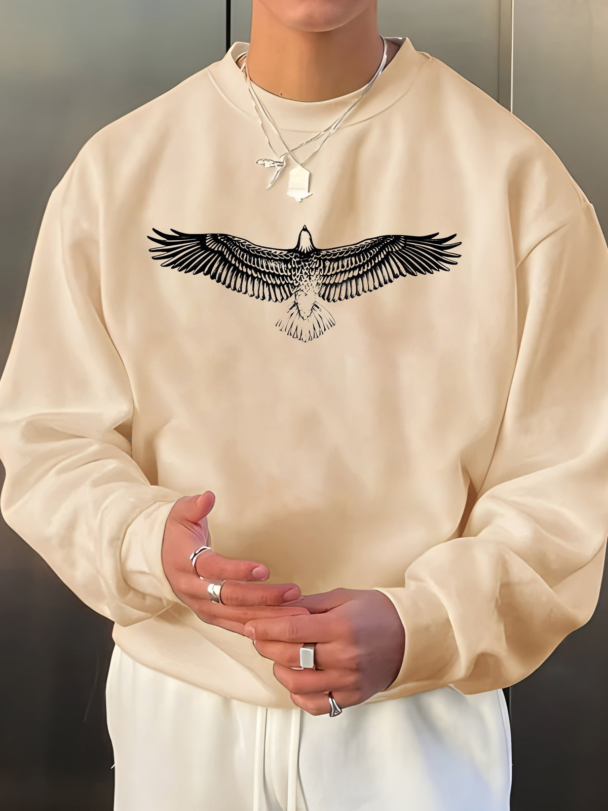 Big Eagle Print Men's Crew Neck Long Sleeve Sweatshirt, Casual Wear, Men's Clothing