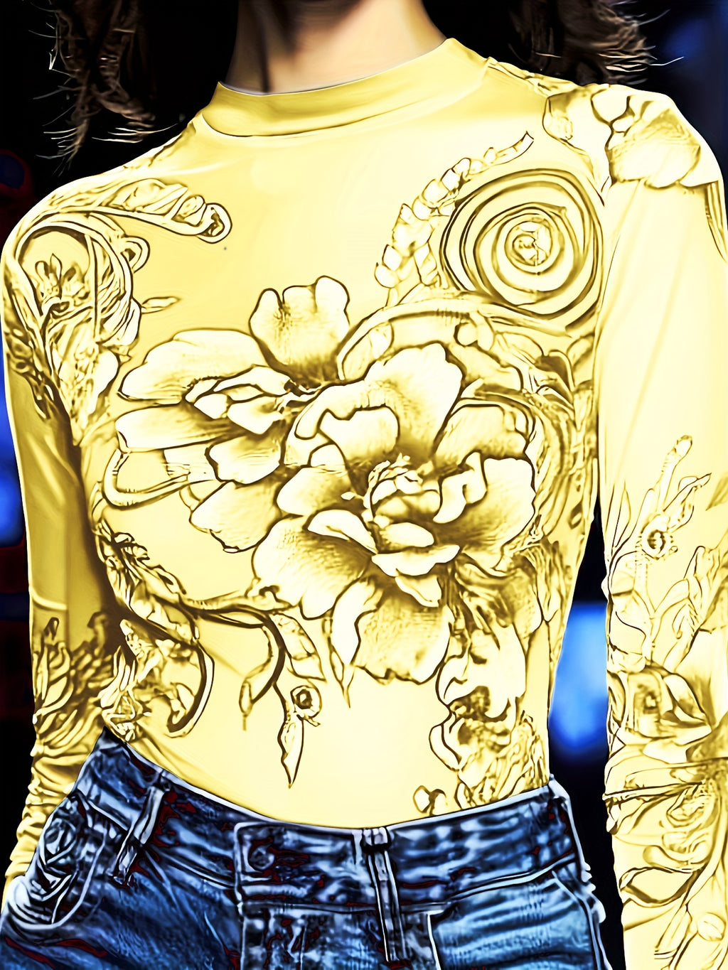 Women'S Long-Sleeved Tight Top, Elegant And Sexy Long-Sleeved Round Neck Blue Floral Print T-Shirt Top