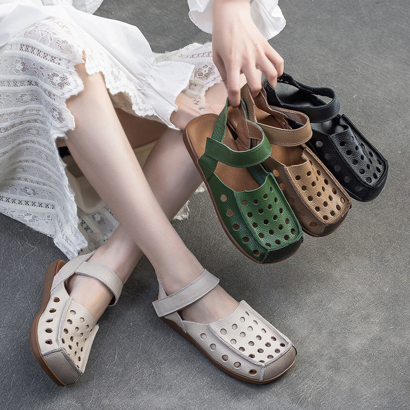 Retro Hollow Square Toe Hook-And-Loop Sandals Women'S First Layer Cowhide Genuine Leather Soft Sole Loafer Single Shoes Breathable Beef Tendon Sole Design Daily Commute, Shopping And Travel, Women Shoes