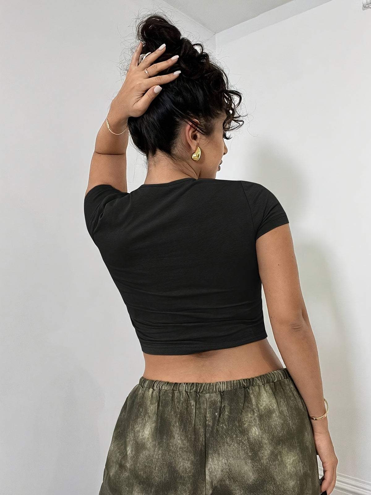 Solid Color Cropped Top, Casual Short-Sleeved Slim T-Shirt, Suitable for Spring And Summer Seasons, Women'S Clothing