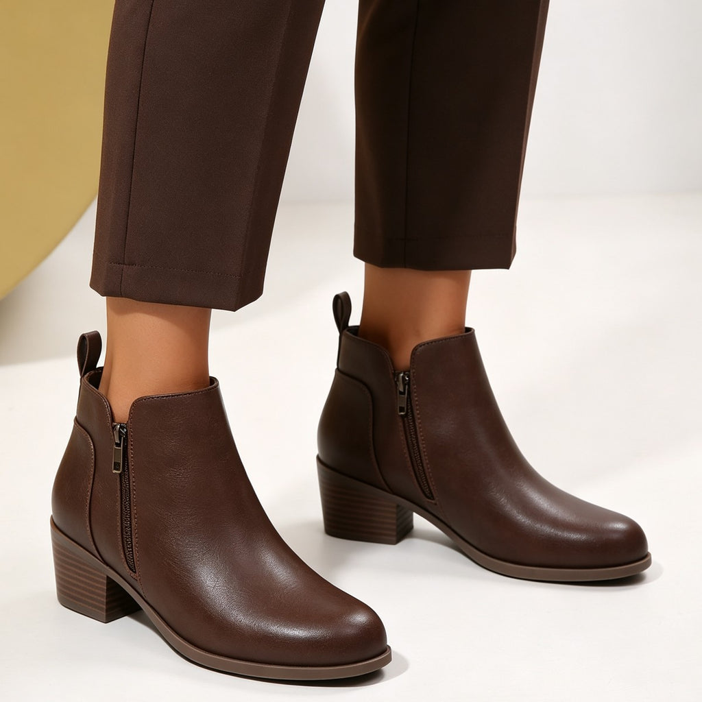 Women'S Versatile Chunky Heel Short Booties, Round Toe, Inner And Outer Zippers, Sole, Comfortable Casual Style, Ideal for Office, Workdays, And Everyday Outings., Women Shoes