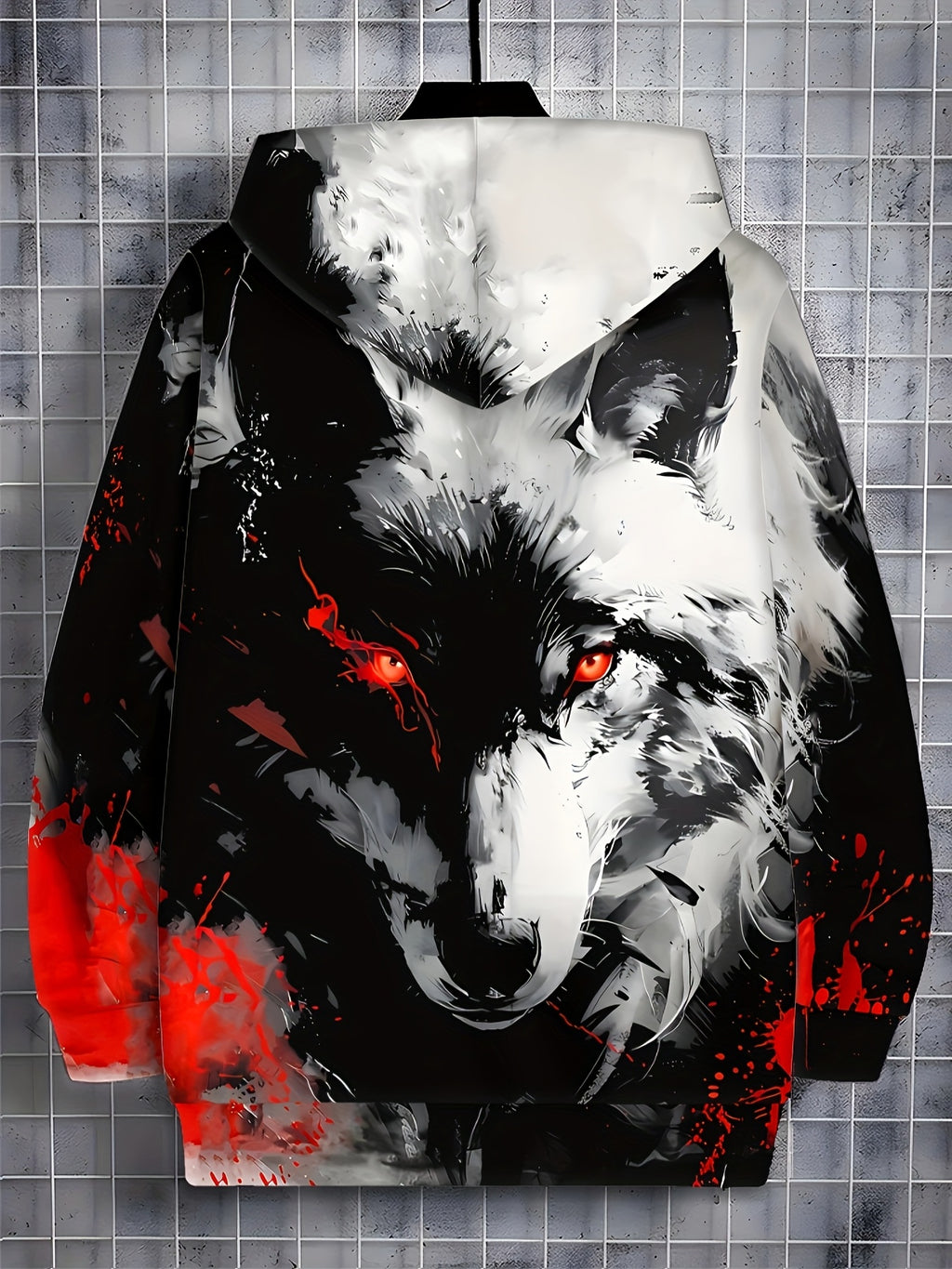 Men's Long-sleeve Zip-up Wolf Print Hooded Sweatshirt, Autumn/winter Casual Outdoor Jacket with Drawstring and Pockets