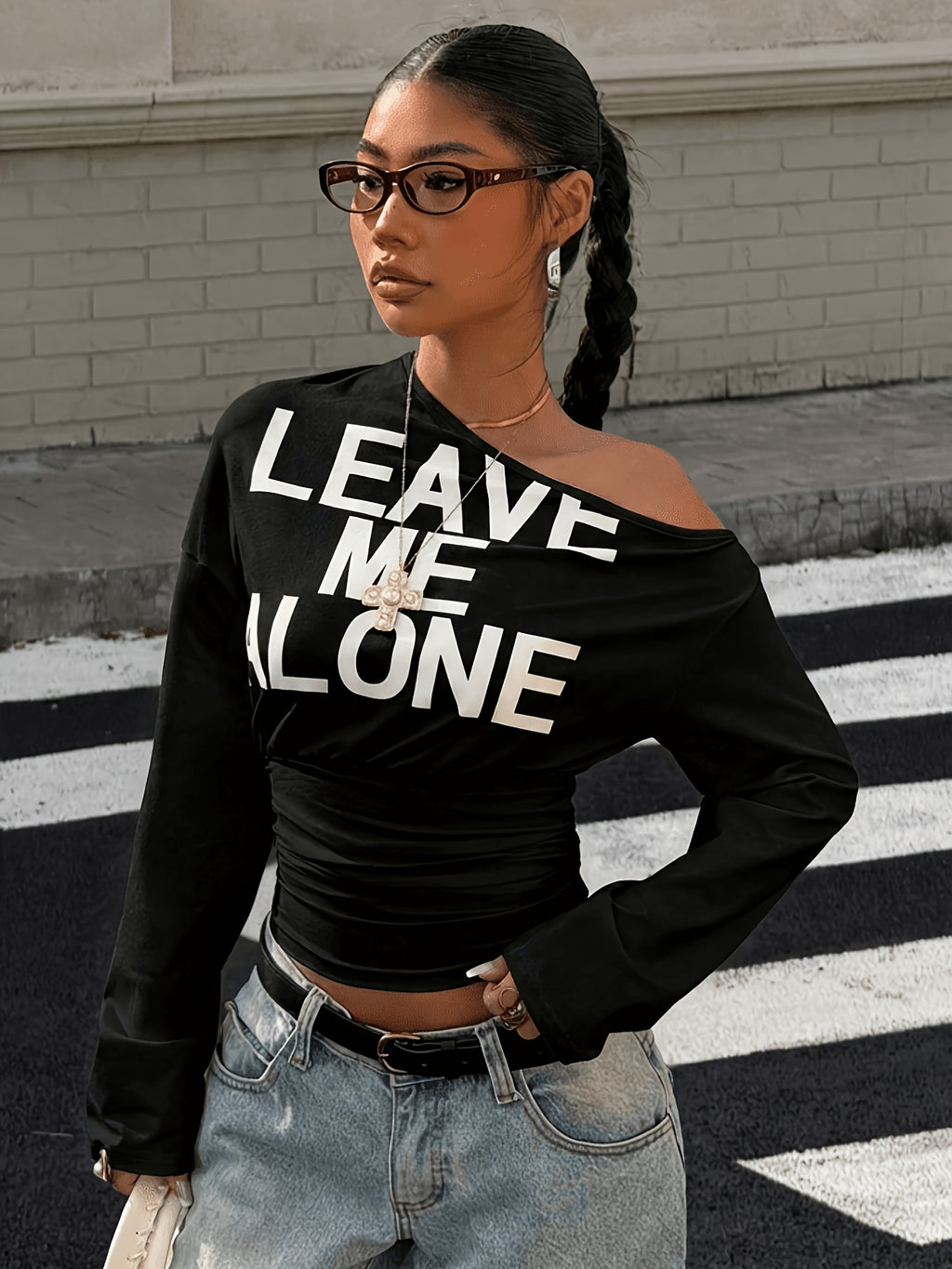 Women'S Letter Print Asymmetrical Shoulder Fitted Short Sleeve Long Sleeve T-Shirt, Suitable for Outdoor, Streetwear, And Y2K Style Clothing
