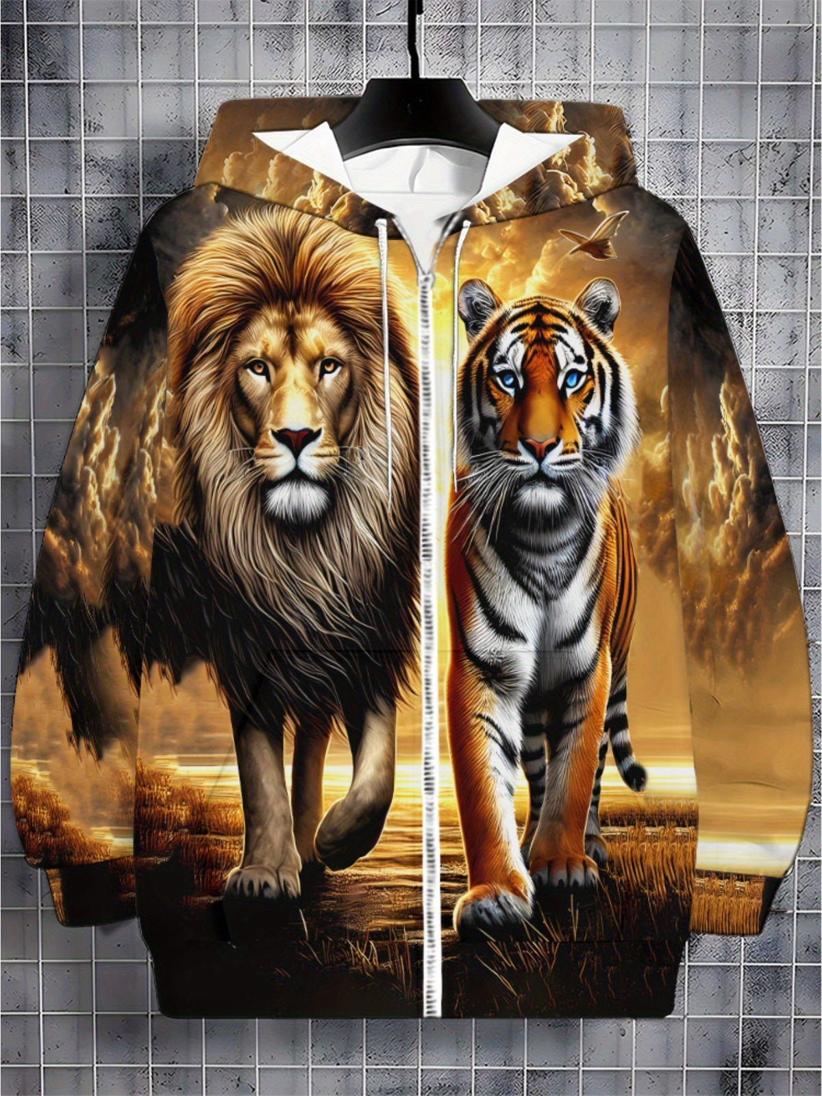 Zipper hoodie for menLion and Tiger Print Hoodie for Living Room Wear, Vibrant Orange and Brown Colors, Lightweight and Durable Design, Perfect for Casual Outfits and Daily Use, Unique Animal Pattern Fashion Sweatshirt