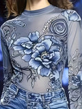 Women'S Long-Sleeved Tight Top, Elegant And Sexy Long-Sleeved Round Neck Blue Floral Print T-Shirt Top