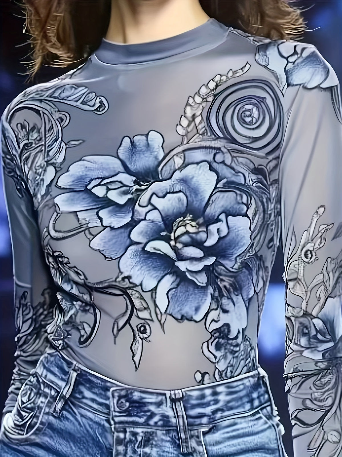 Women'S Long-Sleeved Tight Top, Elegant And Sexy Long-Sleeved Round Neck Blue Floral Print T-Shirt Top