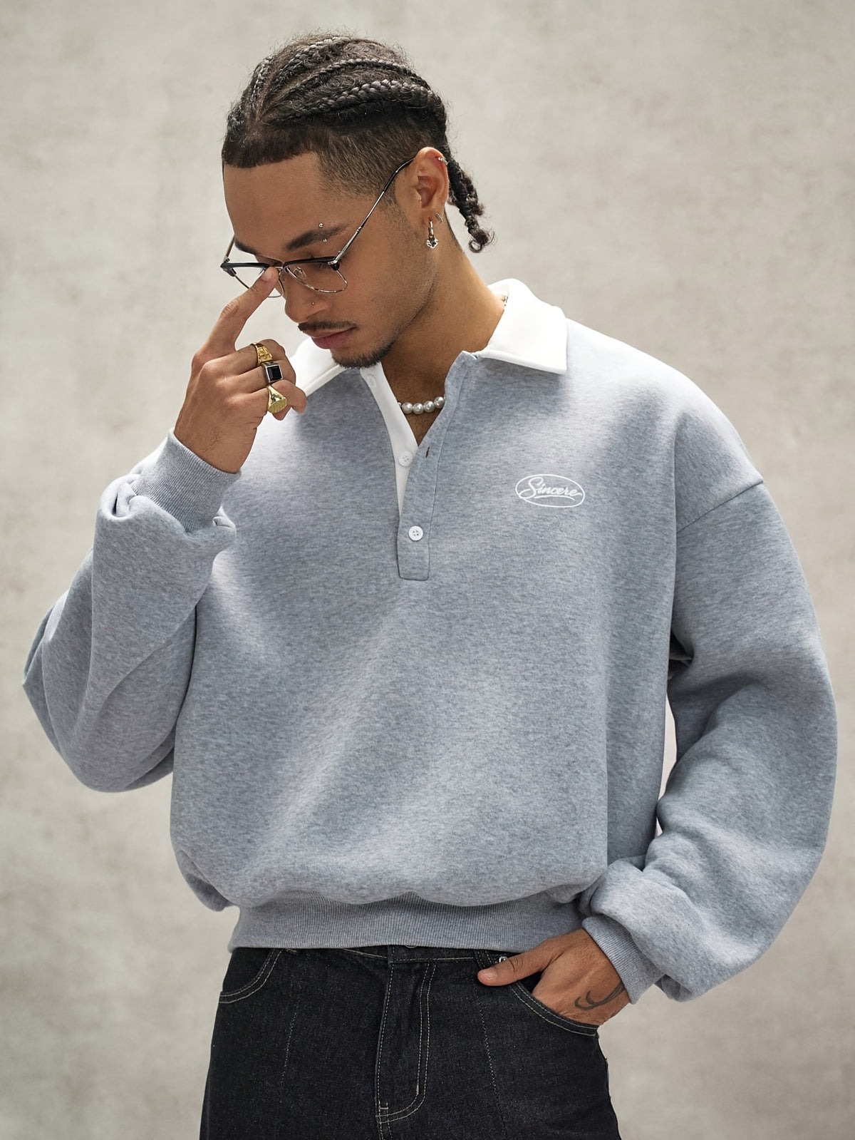 Men'S Loose Minimalist Urban Style Color-Block Polo Neck Sweatshirt, Soft Fabric Half-Button Letter Long Sleeve Pullover Top, Casual Commute City Leisure Wear