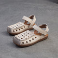 Retro Hollow Square Toe Hook-And-Loop Sandals Women'S First Layer Cowhide Genuine Leather Soft Sole Loafer Single Shoes Breathable Beef Tendon Sole Design Daily Commute, Shopping And Travel, Women Shoes