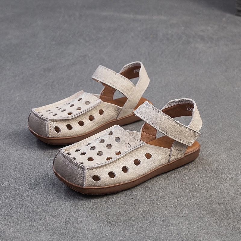 Retro Hollow Square Toe Hook-And-Loop Sandals Women'S First Layer Cowhide Genuine Leather Soft Sole Loafer Single Shoes Breathable Beef Tendon Sole Design Daily Commute, Shopping And Travel, Women Shoes