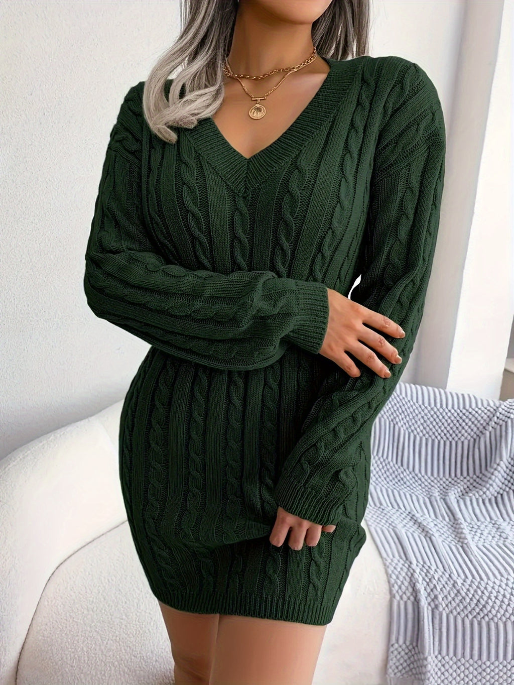 Women'S Directional Cable Sweater Dress Solid Off-Shoulder Sleeve