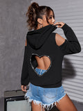 Women's Fashion Off-Shoulder Long Sleeve Top with Heart-Shaped Cut-Out Back, Rhinestone Details, and Drawstring Hoodie. Suitable for Graduation Ceremonies, Back-to- Apparel, Women's Teacher Attire, and Back-to- Events. Machine Washable for Easier