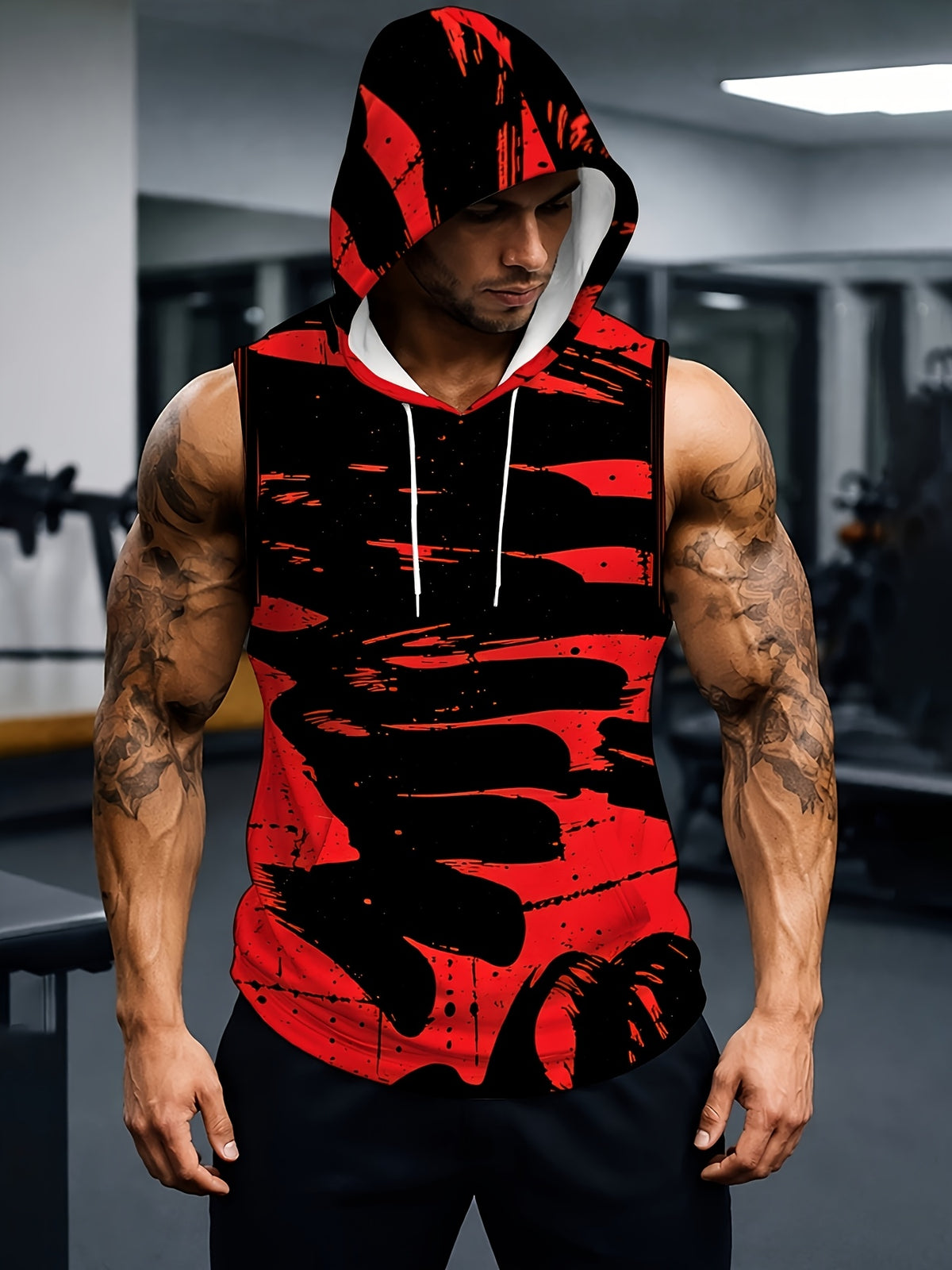 Men'S Hooded Sleeveless Top Black And White Ink Splash Print Sports Fitness Vest Daily Casual Trendy Versatile Breathable Comfortable Slim Fit for Workout Gym Training