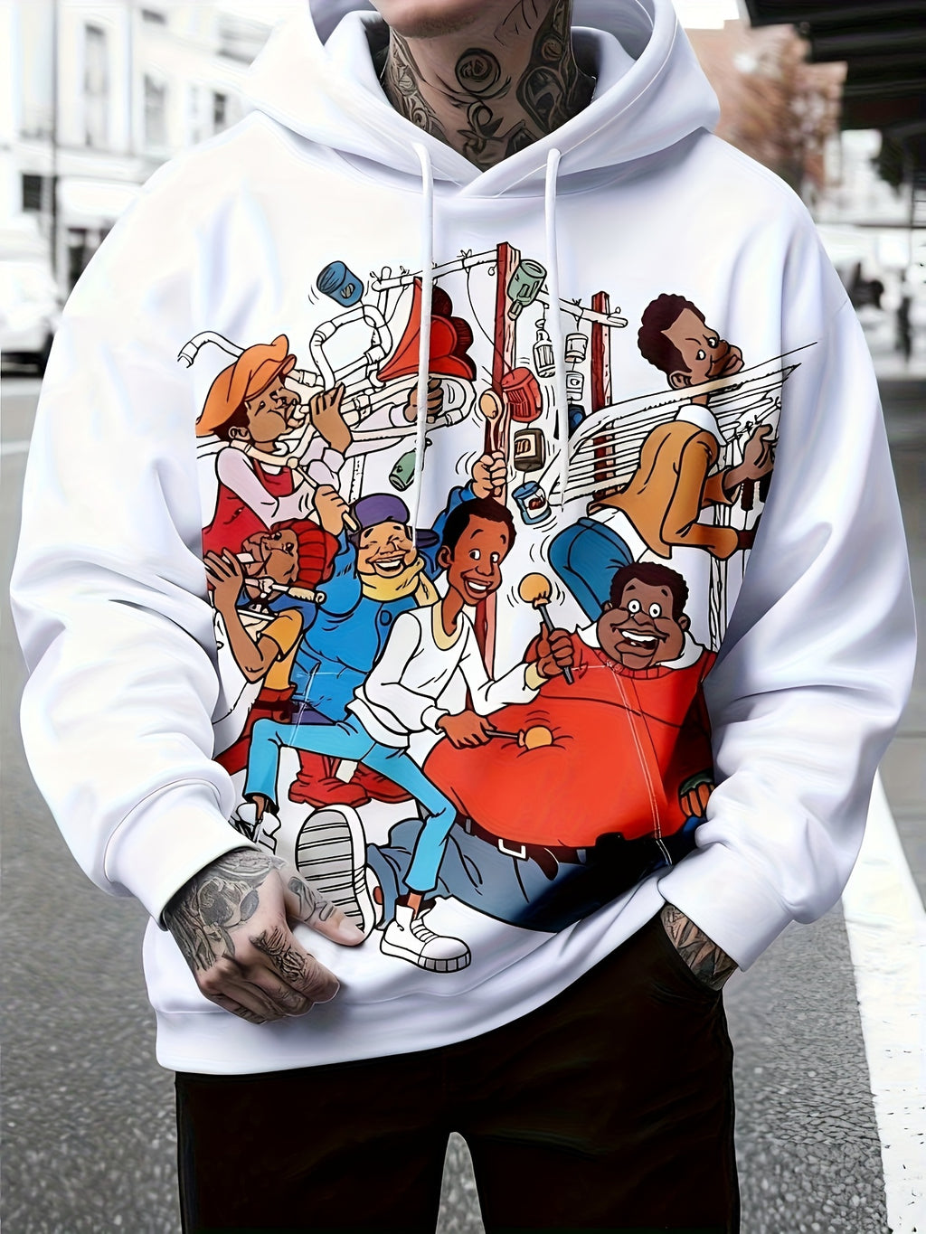 High-Quality Clearan 3D Print Men'S Hooded Drop Shoulder Novelty Long Sleeve Sweatshirt with Cartoon Pattern | Fashionable Streetwear Casual Fashion, Geometric-Pattern, Slight Stretch Fabric
