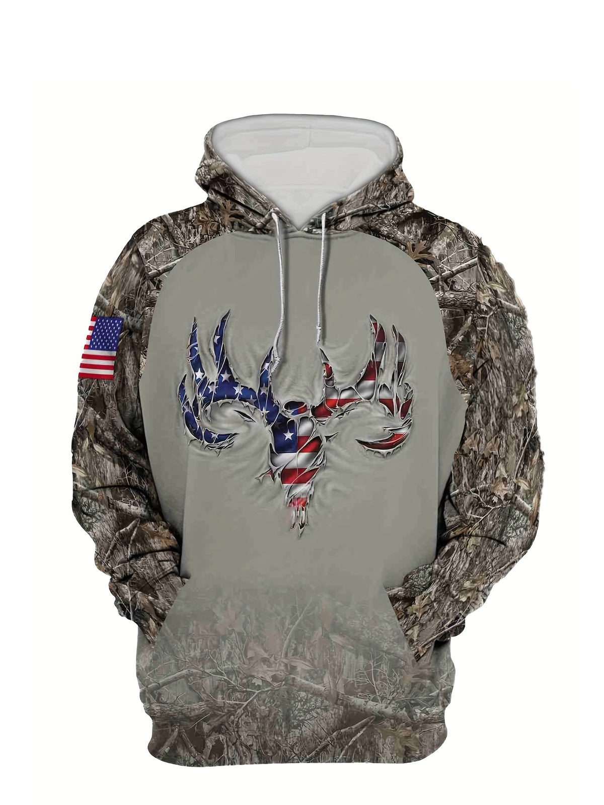 Men'S Fashion Hooded Sweatshirt, Design Blending Camouflage And Individual Elements, Printed with American Flag-Colored Deer Skull Pattern, Camouflage Texture, Flag Embellishment, Outdoor, American Trendy Style, Hunting