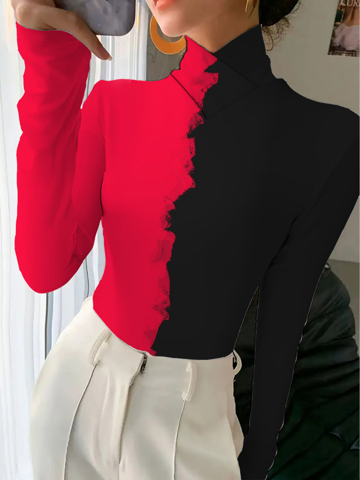 Women'S Mandarin Collar Long Sleeve T-Shirt, Suitable for Female Wear, Fabric, Regular Fit, with Red Black Split Transformation Design, Spring Fall Collection