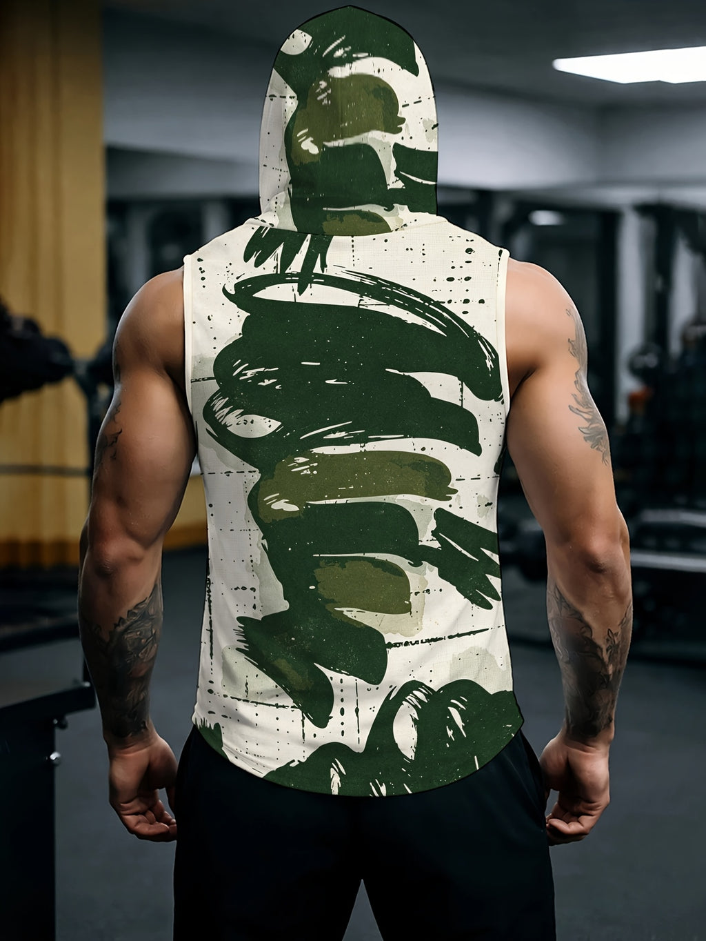 Men'S Hooded Sleeveless Top Black And White Ink Splash Print Sports Fitness Vest Daily Casual Trendy Versatile Breathable Comfortable Slim Fit for Workout Gym Training