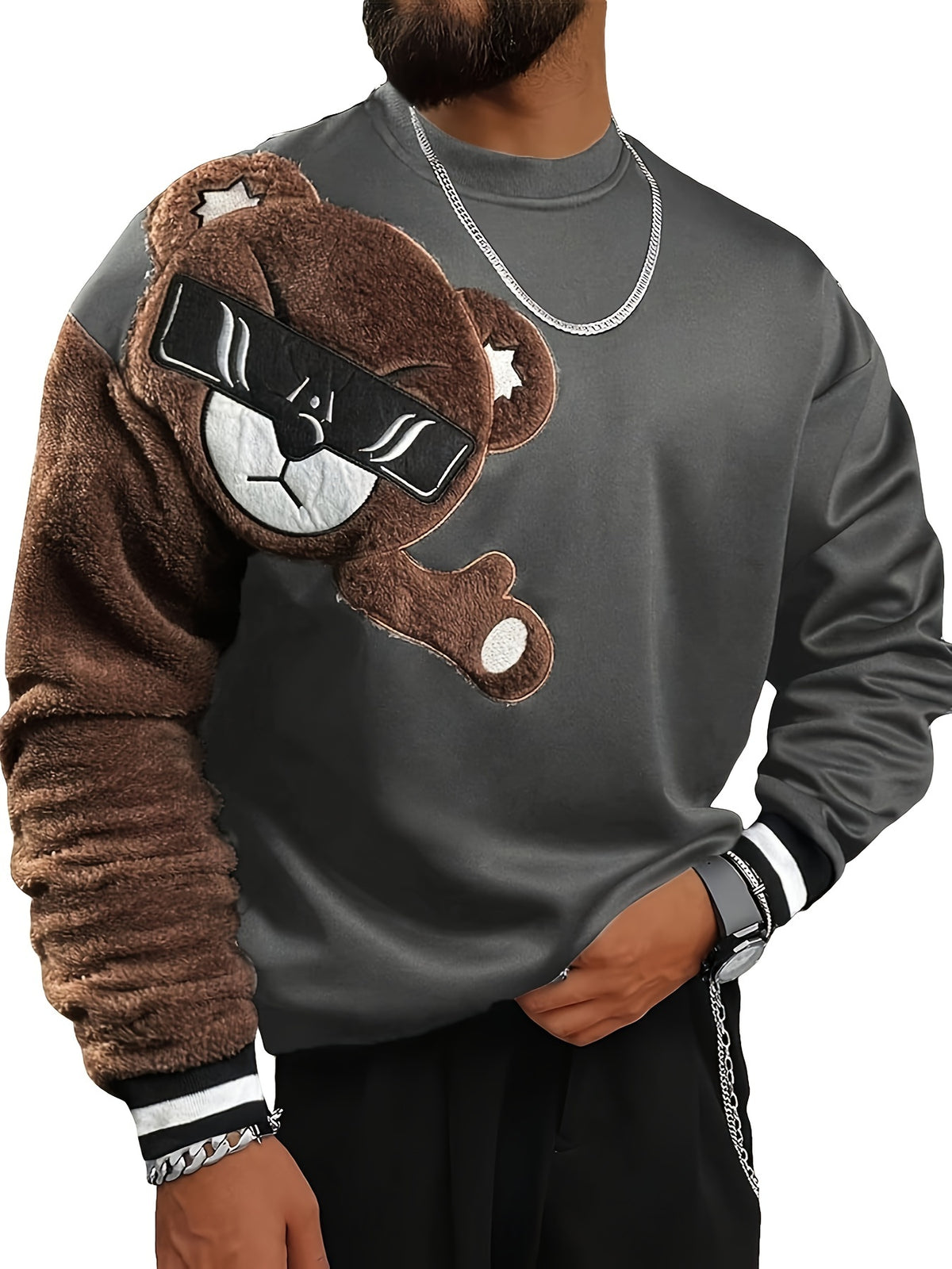 Men'S Fashion Cartoon Bear Long Sleeve Pullover Creative Plush Spliced Casual Sweatshirt