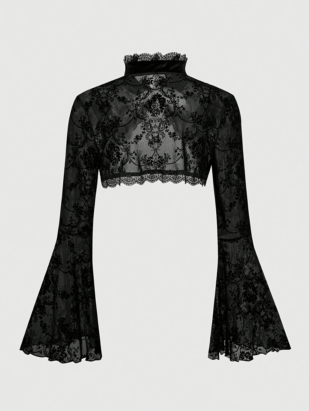 [Black Velvet Shirt] Women's Black Velvet High-Neck Bell Sleeve Short Outer Decorative Shirt