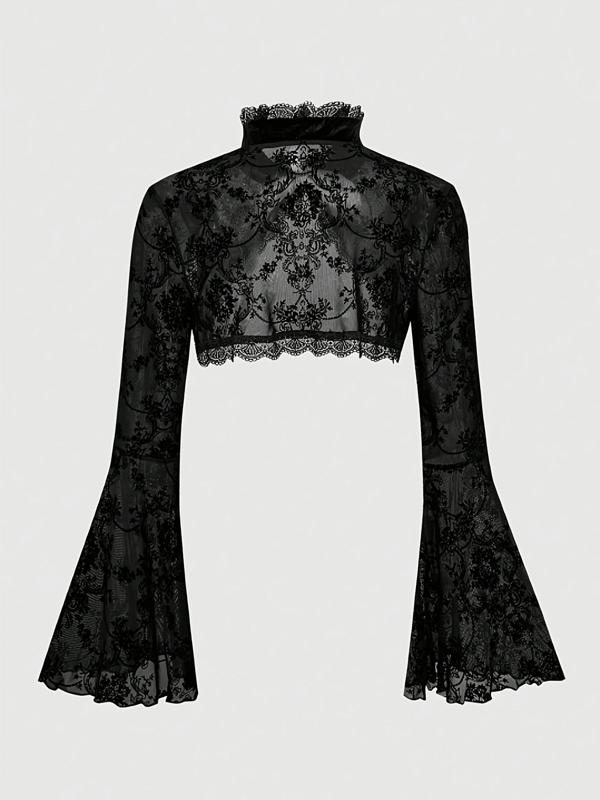 [Black Velvet Shirt] Women's Black Velvet High-Neck Bell Sleeve Short Outer Decorative Shirt