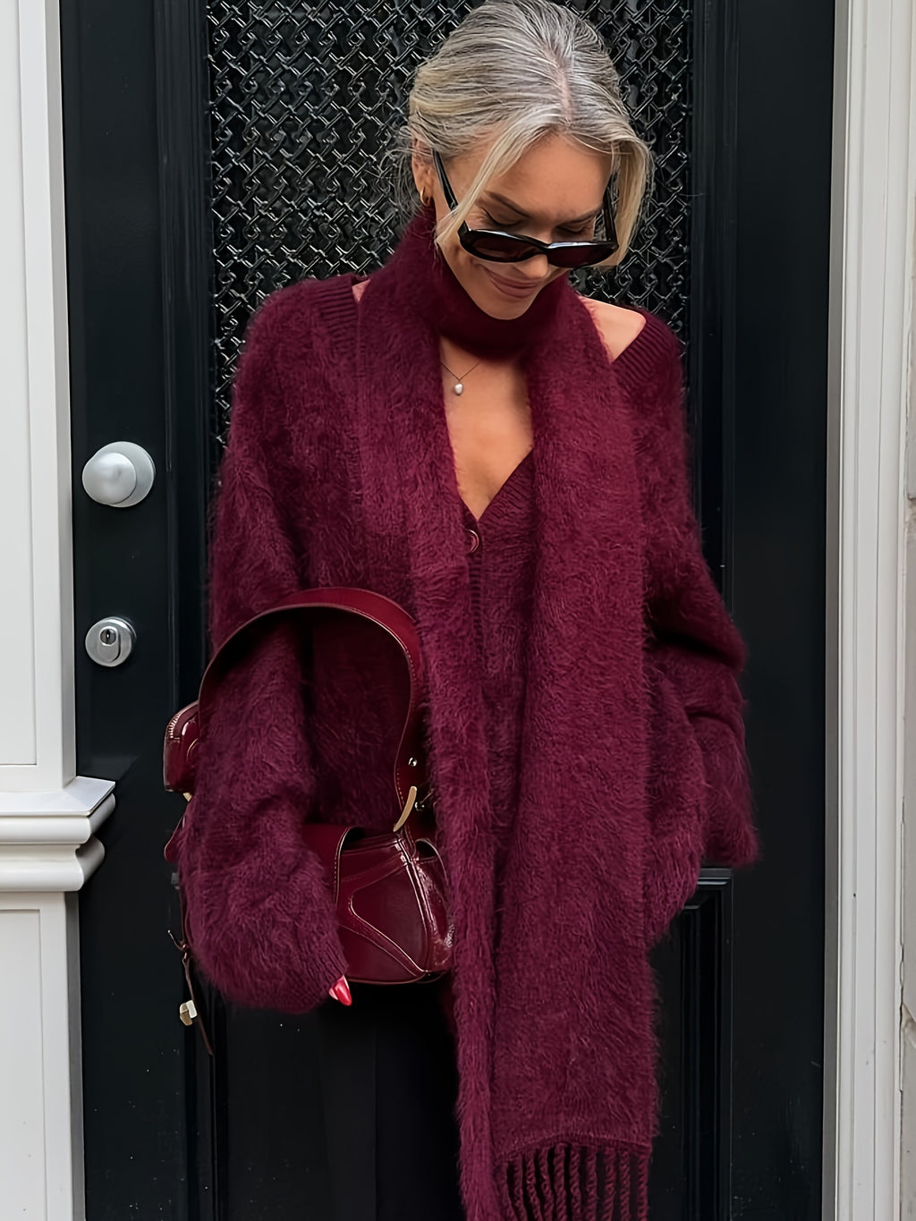 [Elegant Autumn/Winter Wear] Soft Red Women's Cardigan | Elegant Long-Sleeve Sweater for Autumn/Winter, Paired with Scarf, Office Parties, Daily Wear, Date Outfits