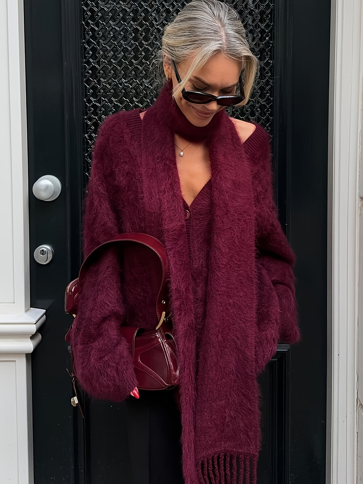 [Elegant Autumn/Winter Wear] Soft Red Women's Cardigan | Elegant Long-Sleeve Sweater for Autumn/Winter, Paired with Scarf, Office Parties, Daily Wear, Date Outfits