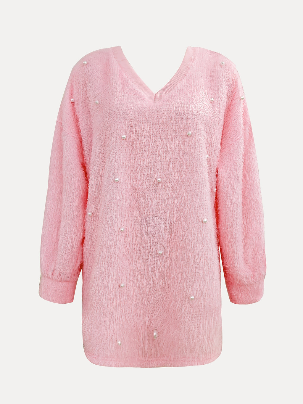 Fashion Solid Color V-Neck Beaded Pullover Casual Loose Long Sleeve Top