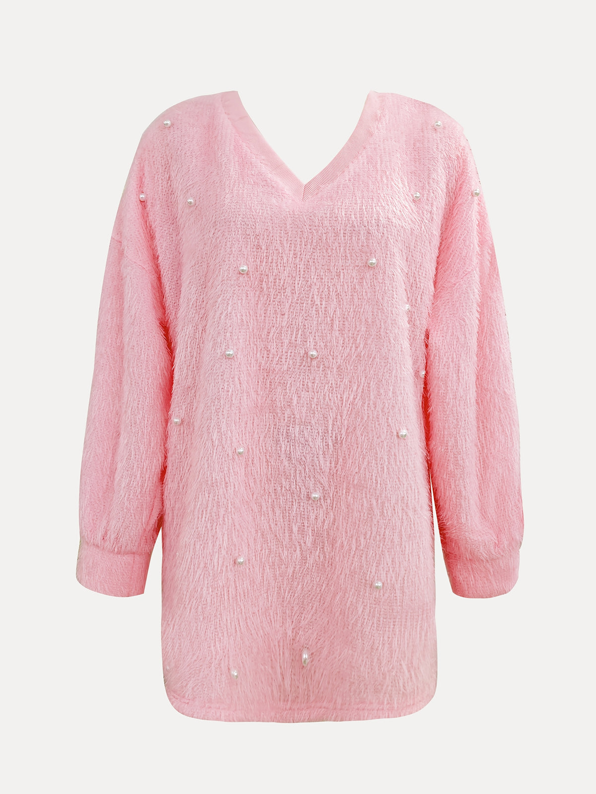 Fashion Solid Color V-Neck Beaded Pullover Casual Loose Long Sleeve Top