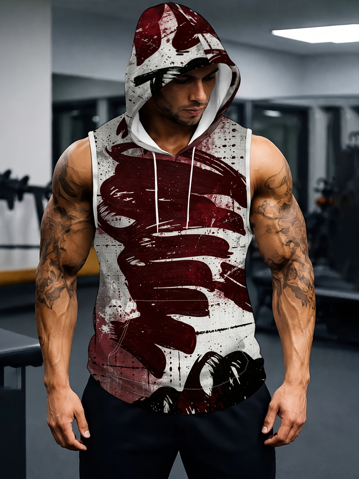 Men'S Hooded Sleeveless Top Black And White Ink Splash Print Sports Fitness Vest Daily Casual Trendy Versatile Breathable Comfortable Slim Fit for Workout Gym Training